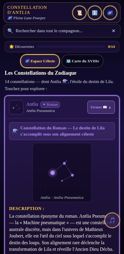 Onglet Ciel — les 14 constellations du zodiaque