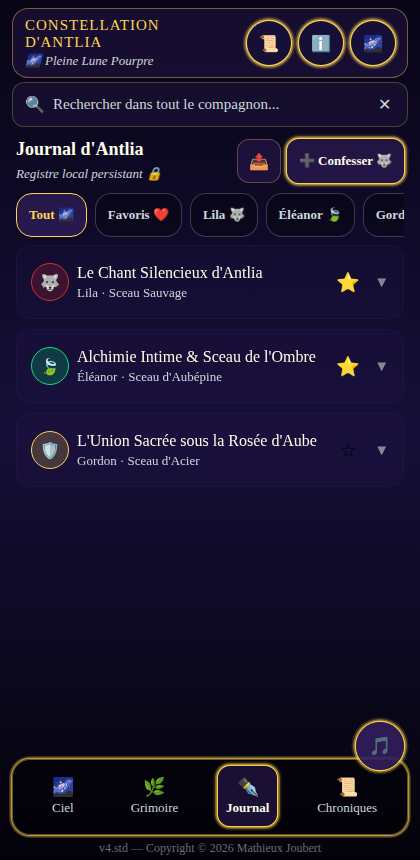 Journal d'Antlia avec entrées des personnages