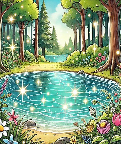 Forêt enchantée avec un lac scintillant rempli de lumières