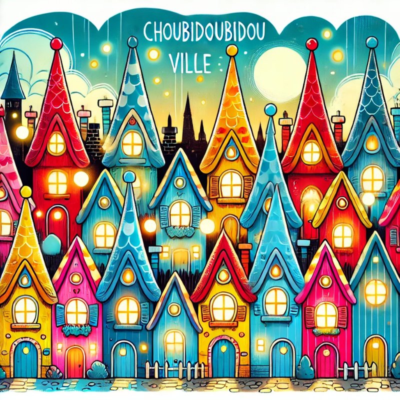 Illustration colorée de Choubidoubidouville, village magique aux maisons multicolores